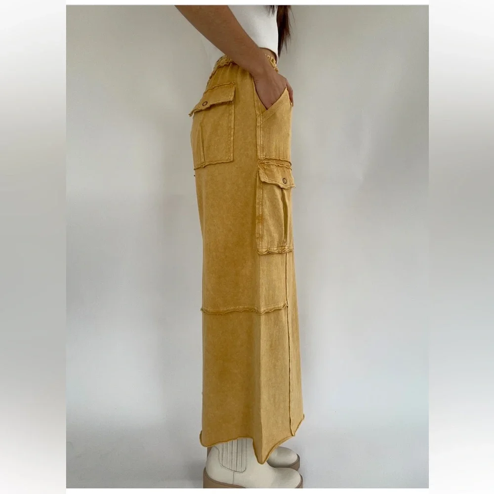 111. NWT easel Mustard Yellow Wide-Leg Cargo Pants - Picture 4 of 5